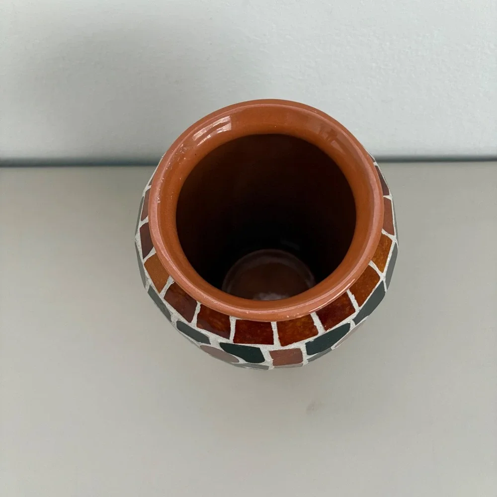 Handmade‎ Mosaic Tile Vase Terracotta Geometric Spiral Earth Tones Boho Decor 9